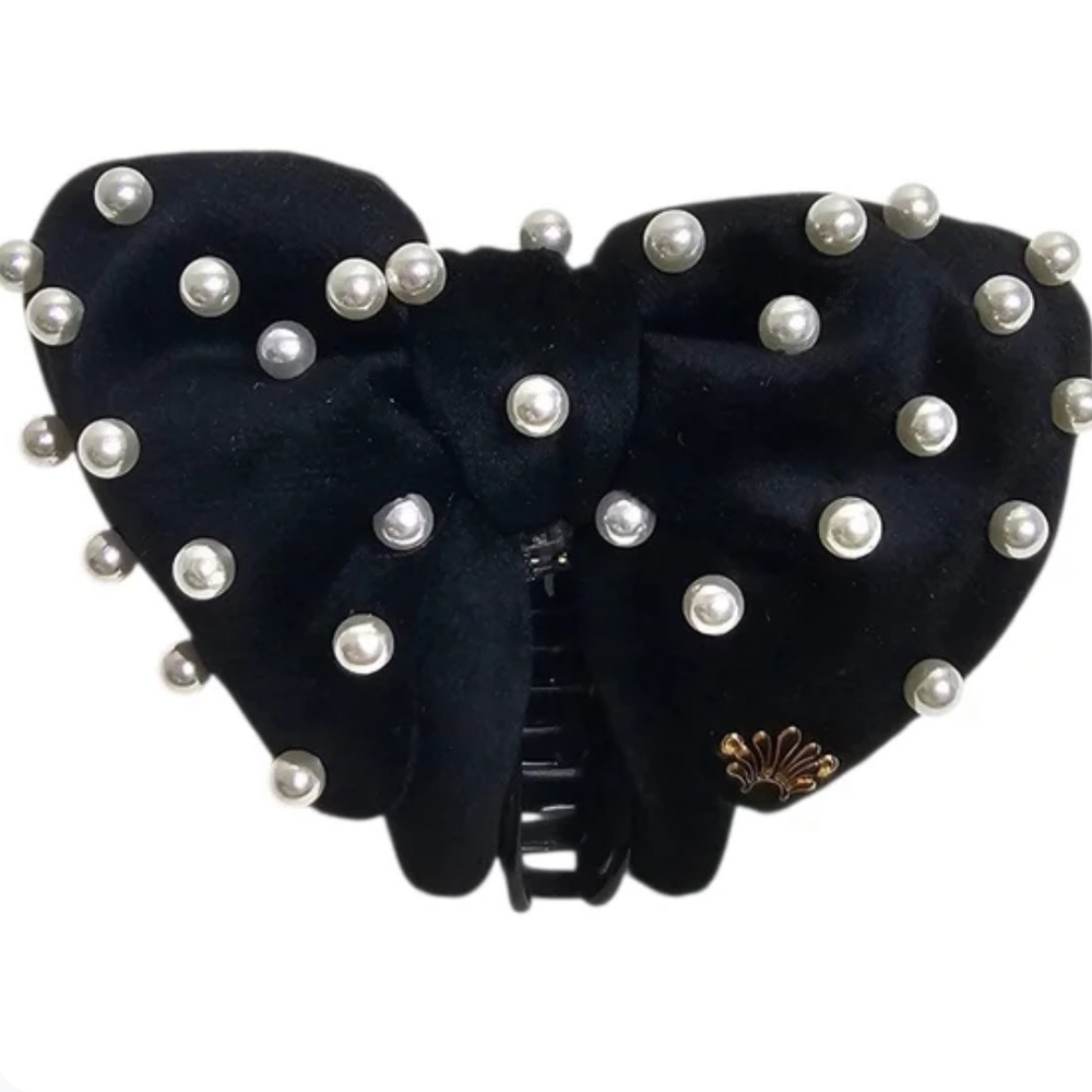 Lele Sadoughi Black Pearl-Studded Bow Hair Clip